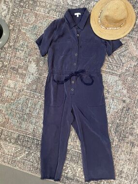 Abound Blue Lyocell Jumpsuit Wide Leg Utility Tie Waist Button Front Size S